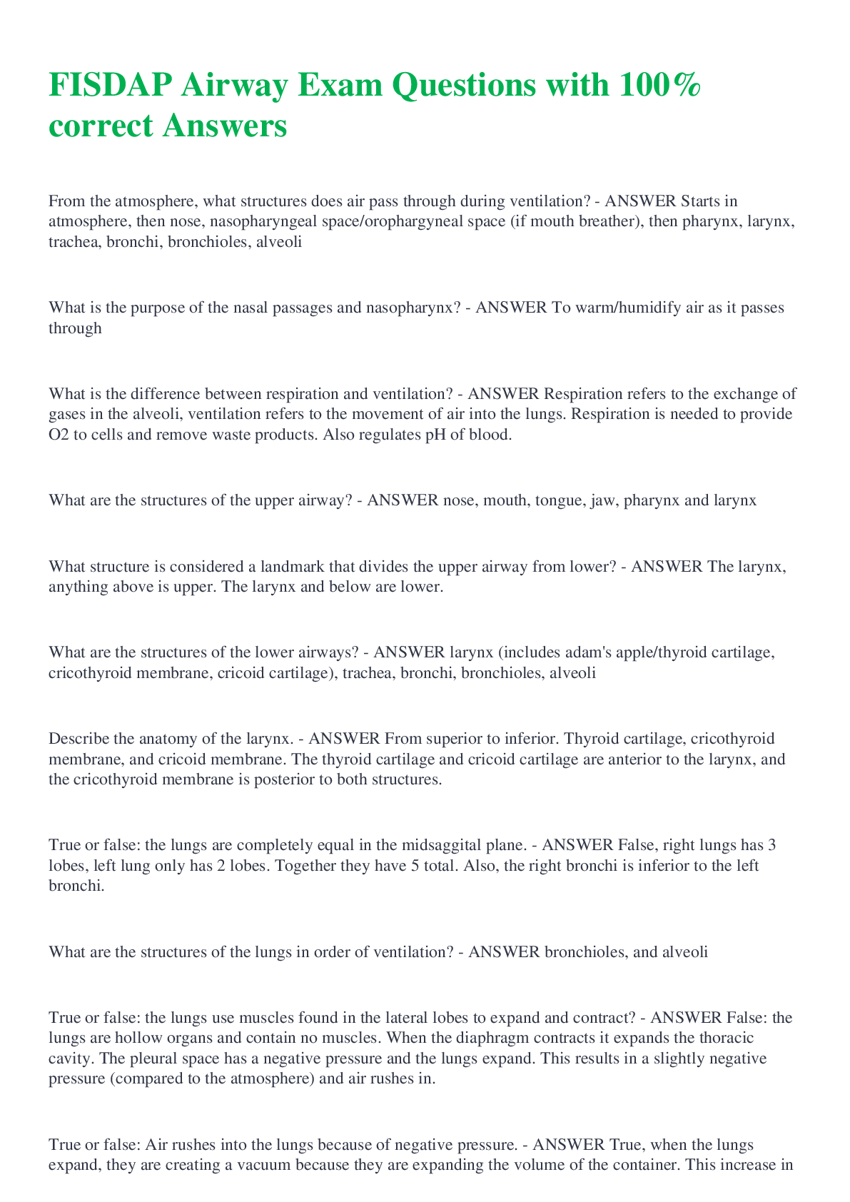 Preview image for FISDAP Airway Exam 2022/2023 Questions with correct Answers